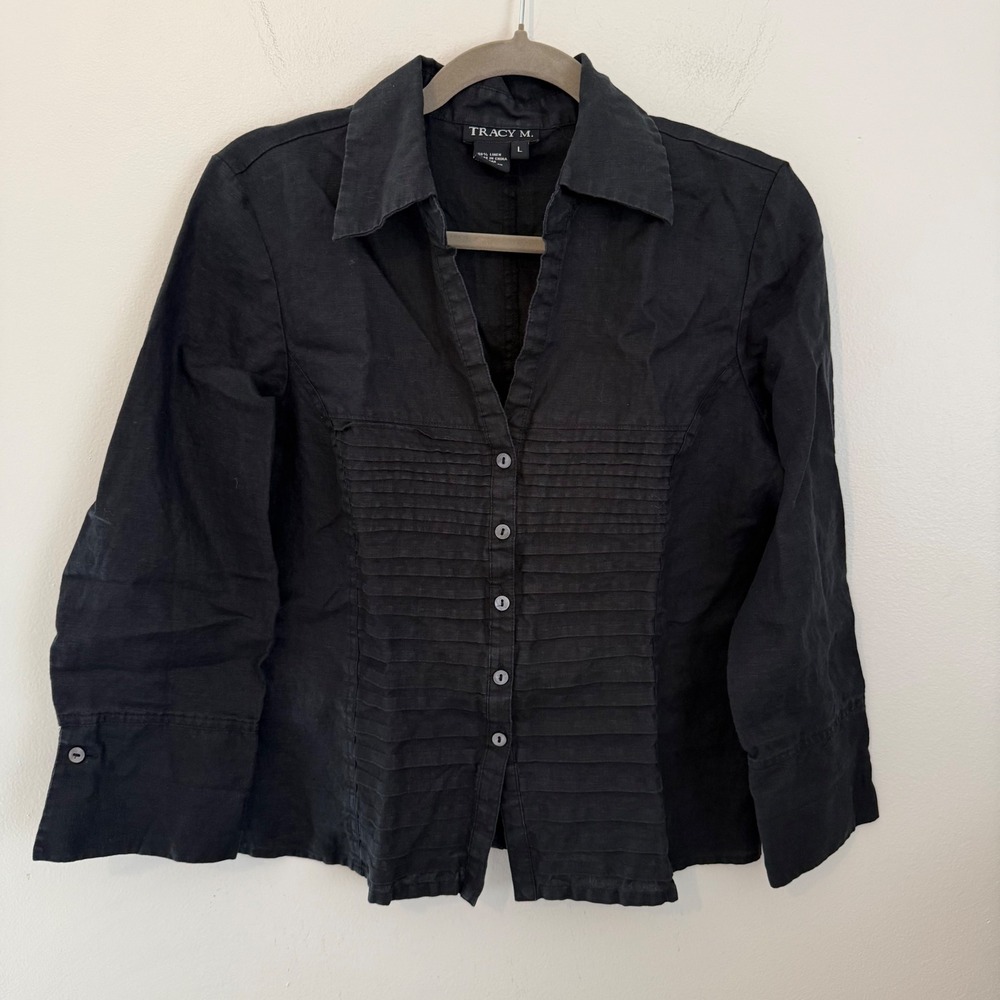 Tracy M. Black 100% Linen Pintuck Pleated‎ Button Down Shirt Womens Large